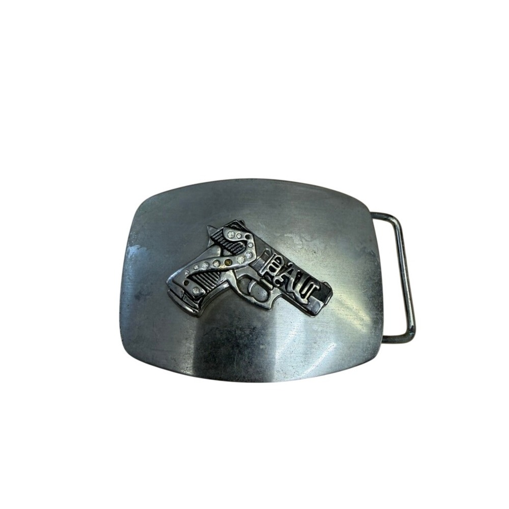 Vintage RAW Handgun Pistol Rhinestone Belt Buckle Silver Tone Mens READ FINAL